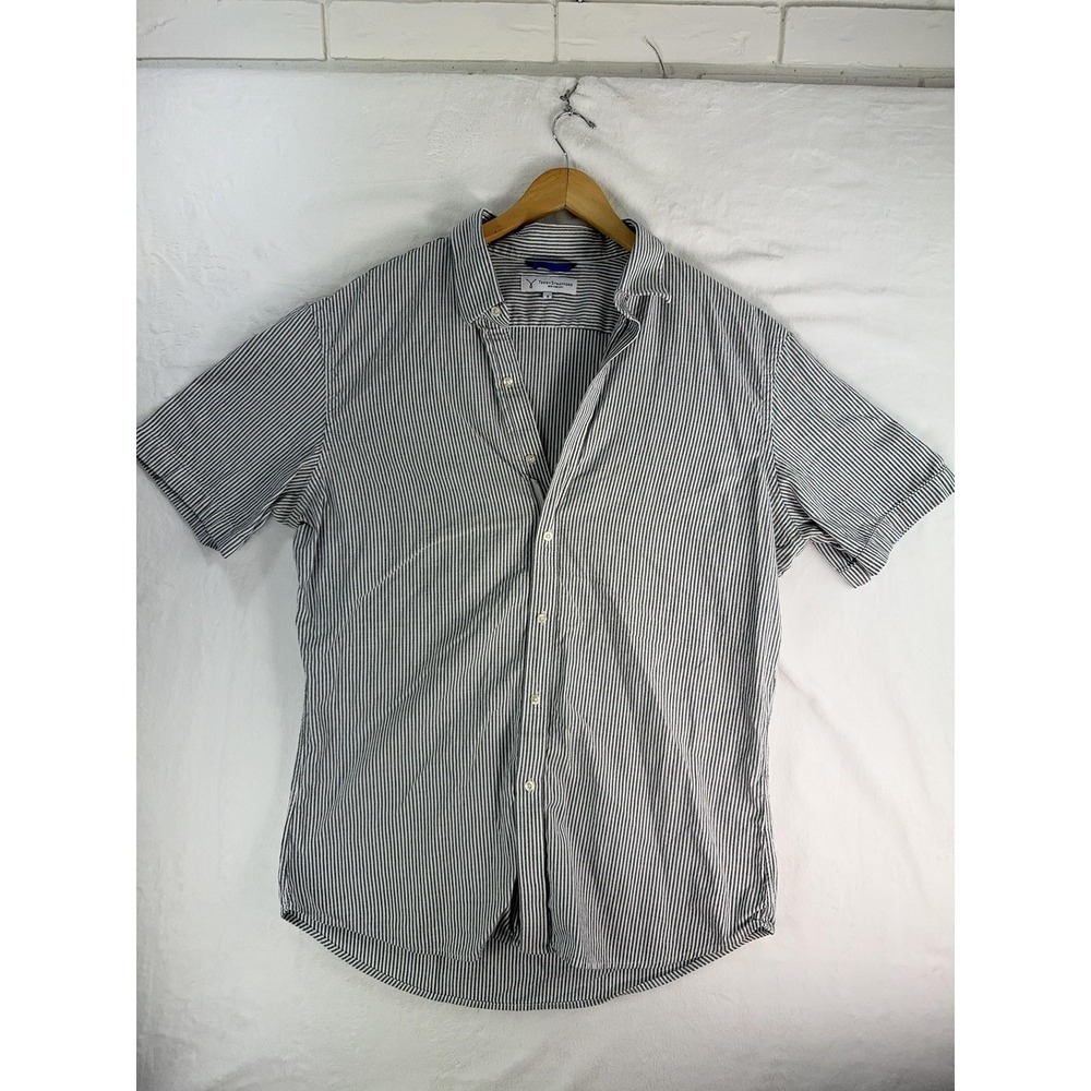 Teddy Stratford Shirt Mens Large Striped Short Sleeve Hidden Zip Casual Dressy